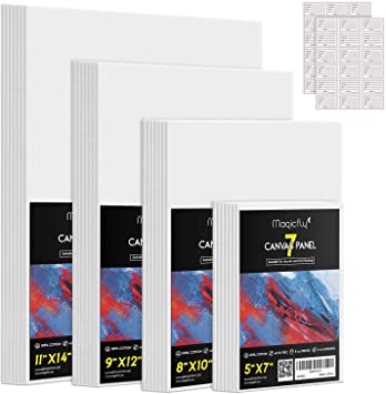 Magicfly Painting Canvas Panels, 5x7", 8x10", 9x12", 11x14", Set of 28 with Label Stickers, 100% Cotton Canvas Boards with MDF Board Core, for Acrylic Paint, Oil Paint Dry & Wet Art Media, etc