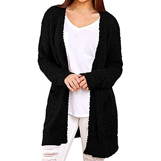 Kulywon Women Casual Sweatshirt Solid Winter Warm Wool Pockets Cardigan Coat Outwear