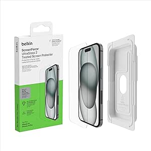 Belkin ScreenForce UltraGlass 2 Treated iPhone 15 and 14 Pro Screen Protector - Scratch-Resistant, 9H Hardness Tested Glass w/Slim Design - Includes Easy Align Tray for Bubble-Free Application