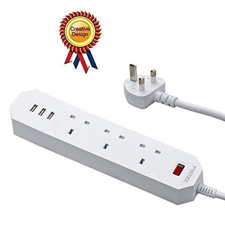 Power Strip, PriTek Portable 3-Outlet Overload Protection Surge Protector 3250W/13A Power Strip with 3 USB Charging Ports (2*5V/1A and 1*5V/2.4A, Max3.4A) for Smartphone, Tablet, Desk Lamps, Computers and More Devices