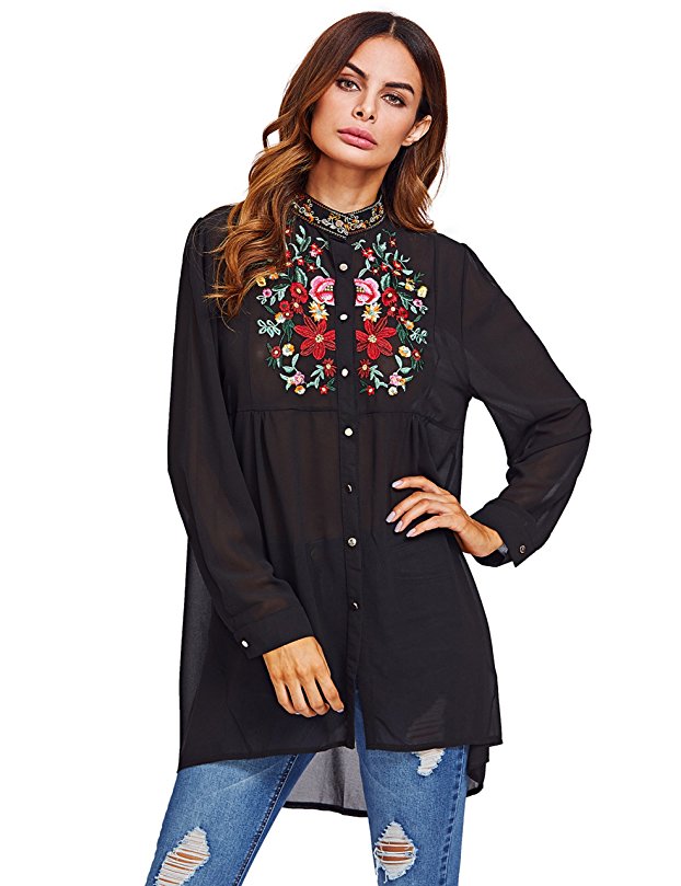 Romwe Tunic Top Floral Embroidered Long Sleeve Button down Loose Blouse