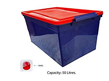 Nilkamal Plastic Stackable Storage Box with Wheels, 50 L, Blue and Red