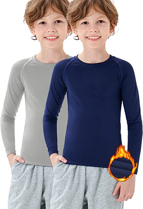 2 Pack Youth Boys Thermal Compression Shirts Long Sleeve Fleece Baselayer Soccer Baseball Running Base Layer Undershirt