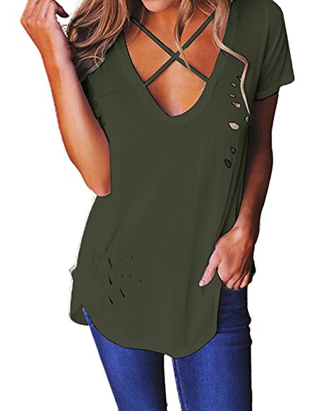 ZANZEA Women's Crisscross Lace up Front V Neck Short Sleeve T Shirt Tops Blouse