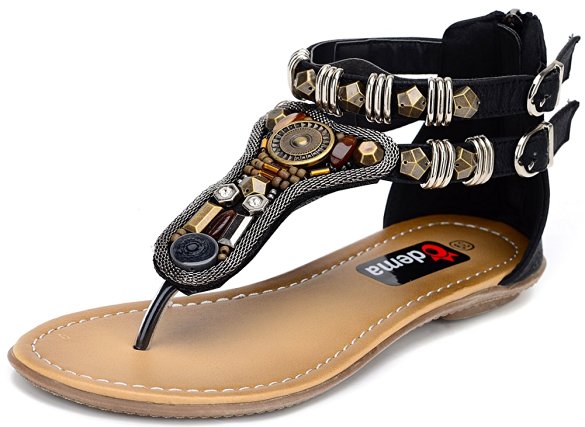 Odema Womens Summer Bohemian Beads Coin Back Zip Thong Flat Sandals