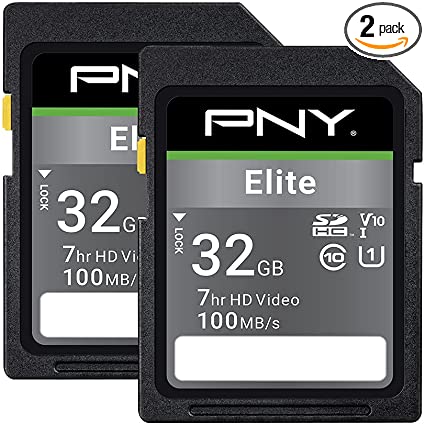 PNY 32GB Elite Class 10 U1 V10 SDHC Flash Memory Card 2-Pack - 100MB/s, Class 10, U1, V10, Full HD, UHS-I, Full Size SD