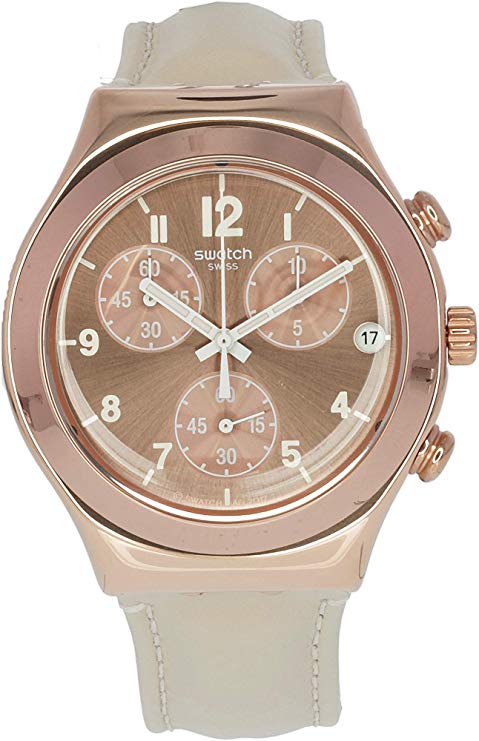 Swatch Irony Essential Rose Gold Dial Leather Strap Ladies Watch YCG416
