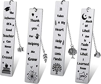 4 Pieces Metal Bookmarks Teacher Appreciation Bookmark Thank You Teacher Book Page Marker with Pendant for Teachers Instructors Birthday Graduation Presents Book Lovers Students Reading Supplies