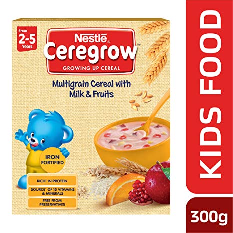 Nestlé CEREGROW Fortified Multigrain Cereal with Milk and Fruits, 300g Bag-In-Box Pack