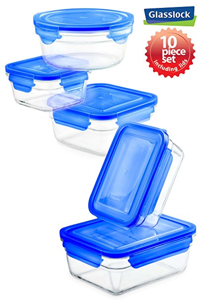 New Snaplock Lid: Tempered Glasslock Storage Containers 10pc set with Blue Lids~Microwave & Oven Safe