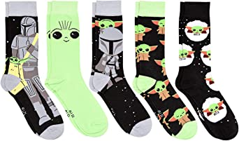 Star Wars Baby Yoda with Mando The Mandalorian Men's Crew Socks 5 Pair Pack