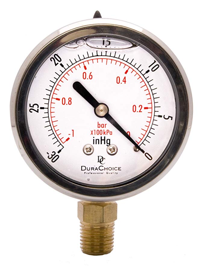 2-1/2" Oil Filled Vacuum Pressure Gauge - Stainless Steel Case, Brass, 1/4" NPT, Lower Mount Connection -30HG/0