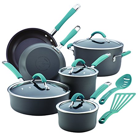 Rachael Ray Cucina 87641 12-Piece Cookware Set, Gray,Agave Blue Handles