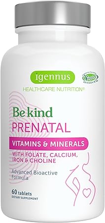 High Absorption Methylated Prenatal Multivitamin, Clean Label with Gentle Iron and Folic Acid As Folate, Choline, Natural Calcium & Magnesium, Vegan Vitamins for Pregnancy, 60 Tablets, by Igennus