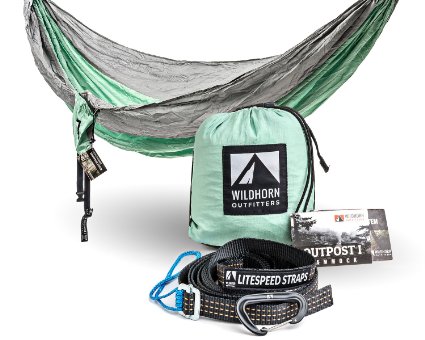 Outpost Camping Hammock With Adjustable LiteSpeed Cinch Buckle Suspension System- Includes 11' 100% Polyester Tree Straps, Wire Gate Carabiners- Single or Double Size- 100% Parachute Nylon
