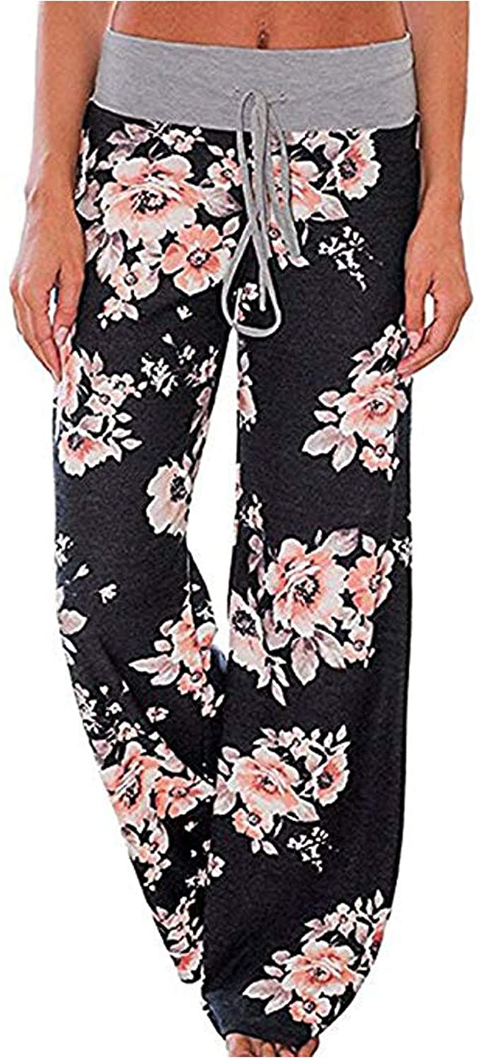 Askwind Women's Floral Print Comfy Stretch Drawstring Palazzo Wide Leg Lounge Pants