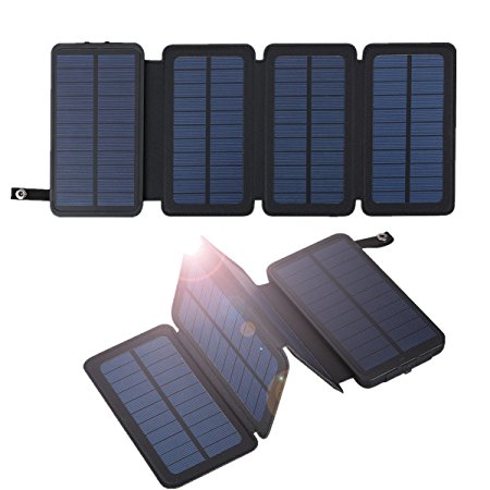 FLOUREON 10000mAh Portable Foldable Solar Panel Charger Power Bank Backup Battery with Dual USB LED Lighting for iPhone iPad Android Phone Emergency Camping Outdoors(Black)