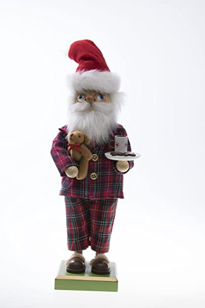 Clever Creations Traditional Wooden Pajama Santa Christmas Nutcracker Collectible Mr. Claus in PJs | Festive Holiday Décor | Holding Milk, Cookies, and Teddy Bear | 100% Wood | 12” Tall