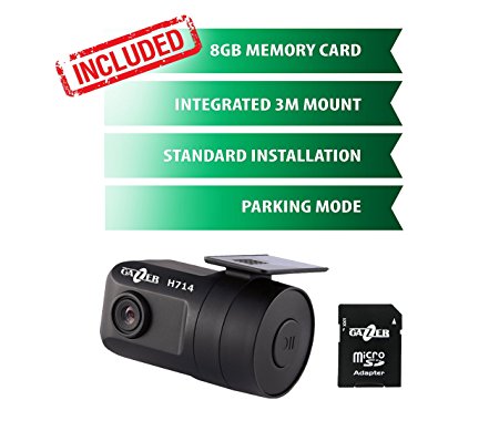 Gazer H714 HD Stealth Dash Cam Dashboard Camera Recorder with Car Video Security Parking Recording Mode up to 48 h or by G-sensor Actions / Special PC Software for Full SD Card Protection by Pass / Voltage Control 11,7V / RCA Video Out / OEM Installation BATT-ACC-GND
