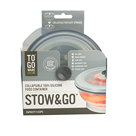 Collapsible Silicone Food Storage Container with Pull out Vent and Vacuum Seal by To-go Ware -At Home Storage & On The Go!! 4 Cups - Grey