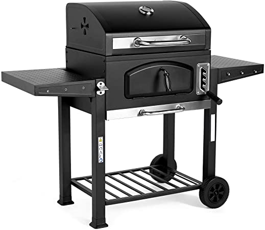 VonHaus Charcoal BBQ with 2 Side Table Racks, Adjustable Grill & Temperature Gauge - Portable Patio American Style Grill and Smoker