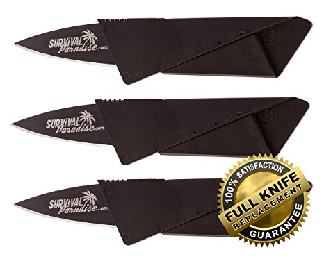 Credit Card Knife (3 pack) from Survival Paradise. This Folding Survival Tool fits easily in your wallet & comes with a Safety Lock to prevent accidental opening, careful the blade is sharp but handy when you need a knife. Buy a 3 Pack and save!