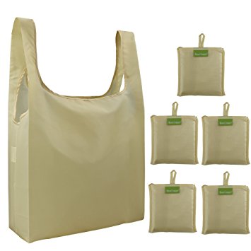 Reusable Grocery Bags Set of 5, Grocery Tote Foldable into Attached Pouch, Ripstop Polyester Reusable Shopping Bags, Washable, Durable and Lightweight (Khaki)