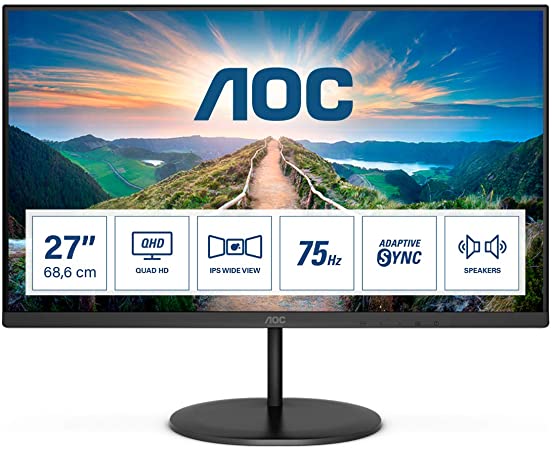 AOC Q27V4EA - 27 Inch QHD Monitor, 75Hz, 4ms, IPS, Adaptive Sync, Speakers, FlickerFree (2560x1440 @ 75Hz, 250cd/m², HDMI 1.4 x 1, DisplayPort 1.2 x 1 )