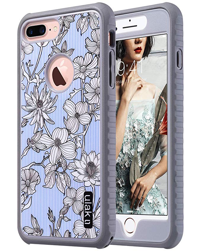 ULAK Protective Case for iPhone 7 Plus,Slim Shockproof Flexible TPU Bumper Durable Anti-Slip Lightweight Front and Back Hard Safe Grip Cover for iPhone 7 Plus 5.5 inch (Pinstripes Flowers)