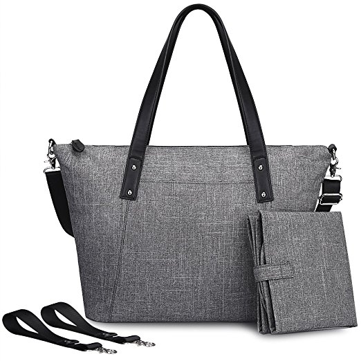 S-ZONE Large Baby Diaper Tote Bag with Changing Pad and Stroller Straps - Designer Fashion Ladies Handbag (Grey)