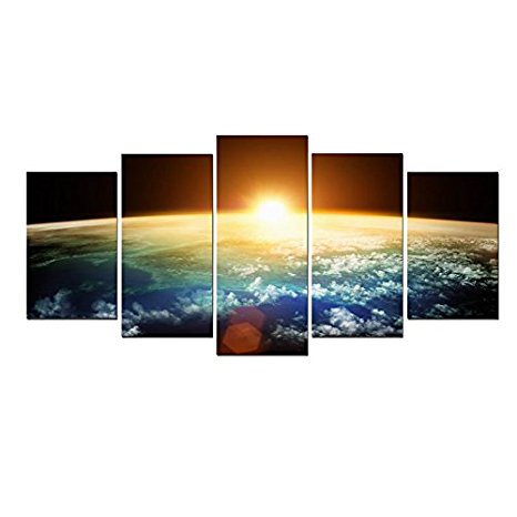 Pyradecor the Earth 5 Panels Extra Large Modern Landscape Artwork Giclee Canvas Prints Space Pictures Paintings on Canvas Wall Art Ready to Hang for Living Room Bedroom Home Decor XL