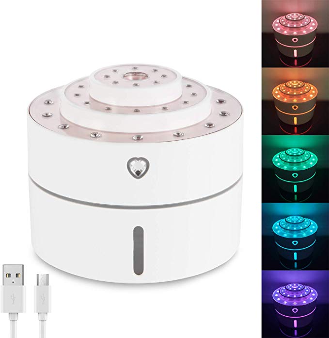 Novovo Rechargeable Cool Mist Ultrasonic Humidifier, 7 Color LED Lights, Portable Mini Humidifier for Bedroom Home Office Baby Camping, Silent USB Humidifier (White)