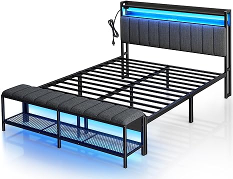 Rolanstar Queen Bed Frame with Charging Station & LED Lights, Detachable Shoe Bench, Upholstered Headboard with Storage Shelves, Heavy Duty Metal Slats, No Box Spring Needed, Easy Assembly,Grey