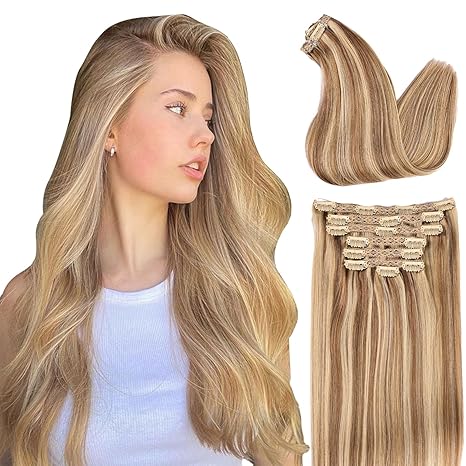 Hair Extensions Real Human Hair,Human Hair Clip In Extensions Soft&Natural Human Hair Extensions Clip Ins 120g 7pcs Real Hair Extensions Clip In Human Hair Straight&Invisible (20 Inch, 18/613)
