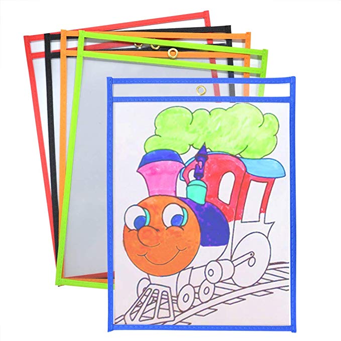 Eamay Dry Erase Pockets Write and Wipe Pockets Set of 5 Reusable Dry Erase Pockets, 9.5 x 12 Inches, Ideal for Office and School Work