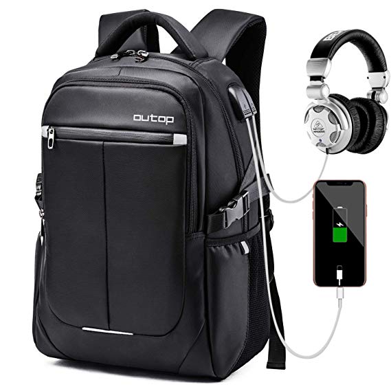 Laptop Backpack, OUTOP Travel Computer Bag Women & Men, Anti Theft Water Resistant College, Slim Business Backpack USB Charging Port Headphone Interface 15.6-17" Notebook (Black)