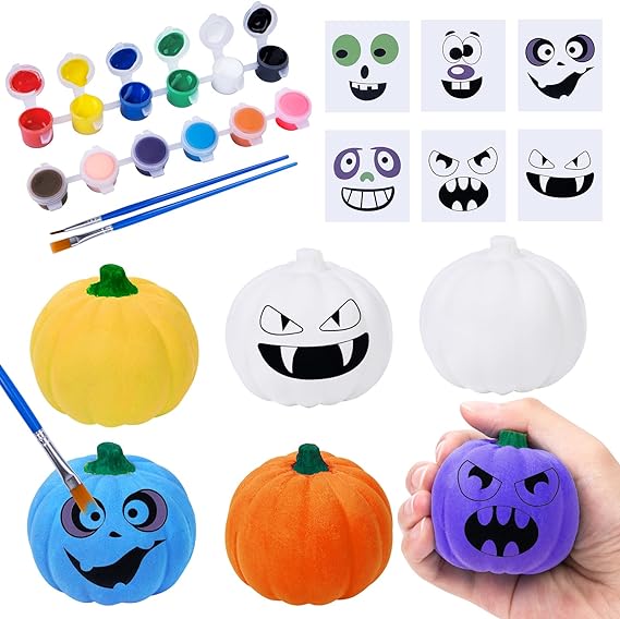 Halloween Crafts for Kids, 6 Pcs DIY Paint Halloween Squishy Toys Kit Slow Rising Squishies White Pumpkins Decorations with Stickers Brushes for Girls Boys Thanksgiving Halloween Party Favors