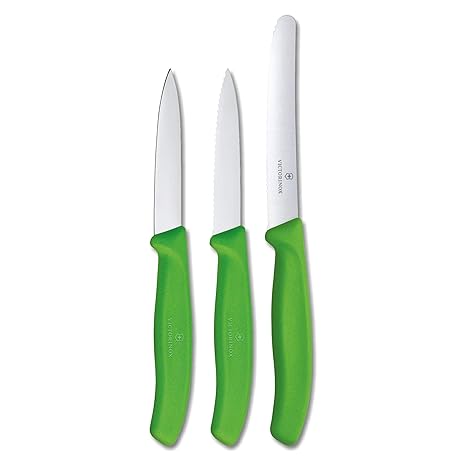 Victorinox Stainless Steel Kitchen Knife Set of 3, "Swiss Classic" - 11 cm Serrated Edge, 8 cm Straight Edge and 8 cm Serrated Edge Knives for Professional and Household Kitchen, Green, Swiss Made