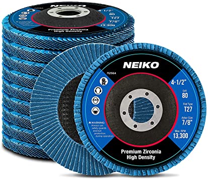 Neiko 11256A High Density Jumbo Premium Zirconia Flap Disc | 4.5" x 7/8-Inch, 80 Grit, Flat Type #27-10 Pack