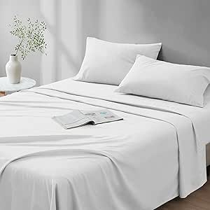 Comfort Spaces 100% Cotton Sheet Set Breathable, Lightweight, Soft with 12" Elastic Pocket Fits up to 14" Mattress, All Season Cozy Bedding, Matching Pillow Case, Twin XL White 3 Piece