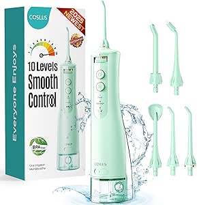 COSLUS Water Dental Flosser Tooth Pick: 10 Levels Smooth Control Portable Rechargeable Oral Irrigator Cordless Waterproof, 300ML Electric Flossing Cleaner Deep Cleaning for Travel Home (Model: WFP14)