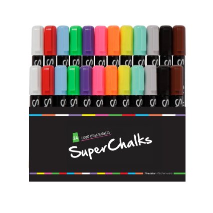 SuperChalks - Multi-Color Liquid Chalk Markers 24 Pack - Reversible Tip