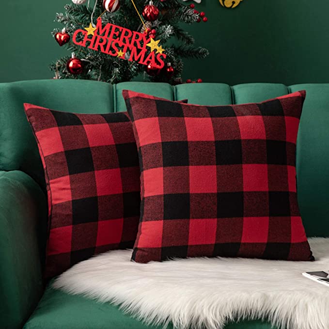 MIULEE Pack of 2 Christmas Classic Retro Checkers Plaids Cotton Linen Soft Solid Black and Red Decorative Throw Pillow Covers Home Decor Design Cushion Case for Sofa Bedroom Car 16 x 16 Inch 40 x 40 cm