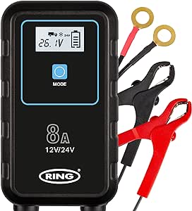 Ring Automotive RSC908-8A Smart Car Battery Charger, 12V & 24V Battery Maintainer - 9 Stage Charger for AGM, Leisure, Lithium, HGV, Car and Van Batteries, BLACK