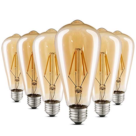 LED Edison Bulb Dimmable Amber Warm 2700K Antique Vintage Filament Light Bulbs 40W Equivalent E26 Base 6-Pack by LUXON