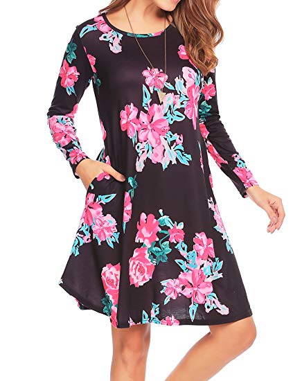 Women's Casual Floral Print Long Sleeve T Shirt Dress With Pockets