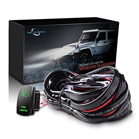 MICTUNING 12ft LED Light Bar Wiring Harness - 40Amp Relay Laser GREEN ON-OFF Rocker Switch (FOG LIGHTS)