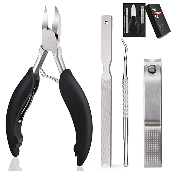 Large Nail Clippers Set, Sharp Toenail and Fingernail Clippers for Thick, Fungal or Ingrown Toenails with Easy Grip Rubber Handle (black silver)