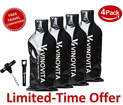 Wine Bottle Travel Protector by VINOVITA (4-PACK): Super Safe With 2 Bubble Layers, Leak Proof Design - Compact, Portable and Stylish Wine Travel Bag – Not Limited To Wine Transportation
