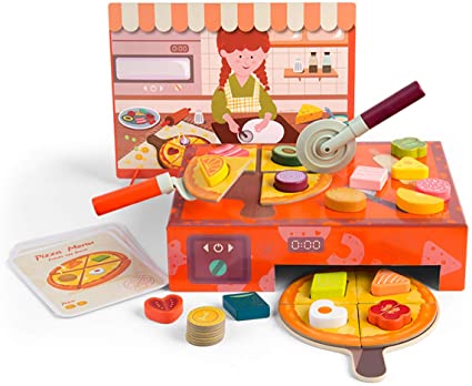 TOP BRIGHT Pizza Toys, Kids Play Food Wooden Pizza Making Toy Set with Toppings & Oven, Pretend Play Kitchen Cooking Playset